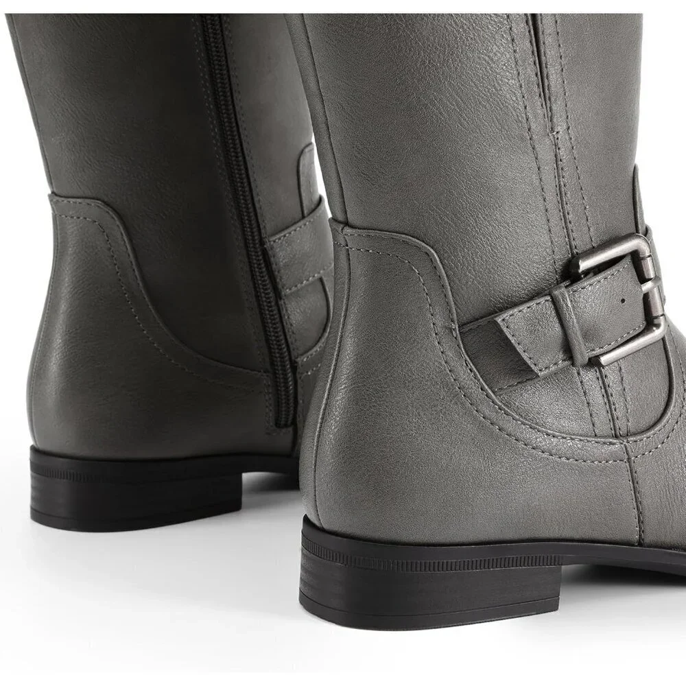🆕Women's Faux Leather Grey Knee High Buckle Chunky Heel Flat Riding Pirate Boot